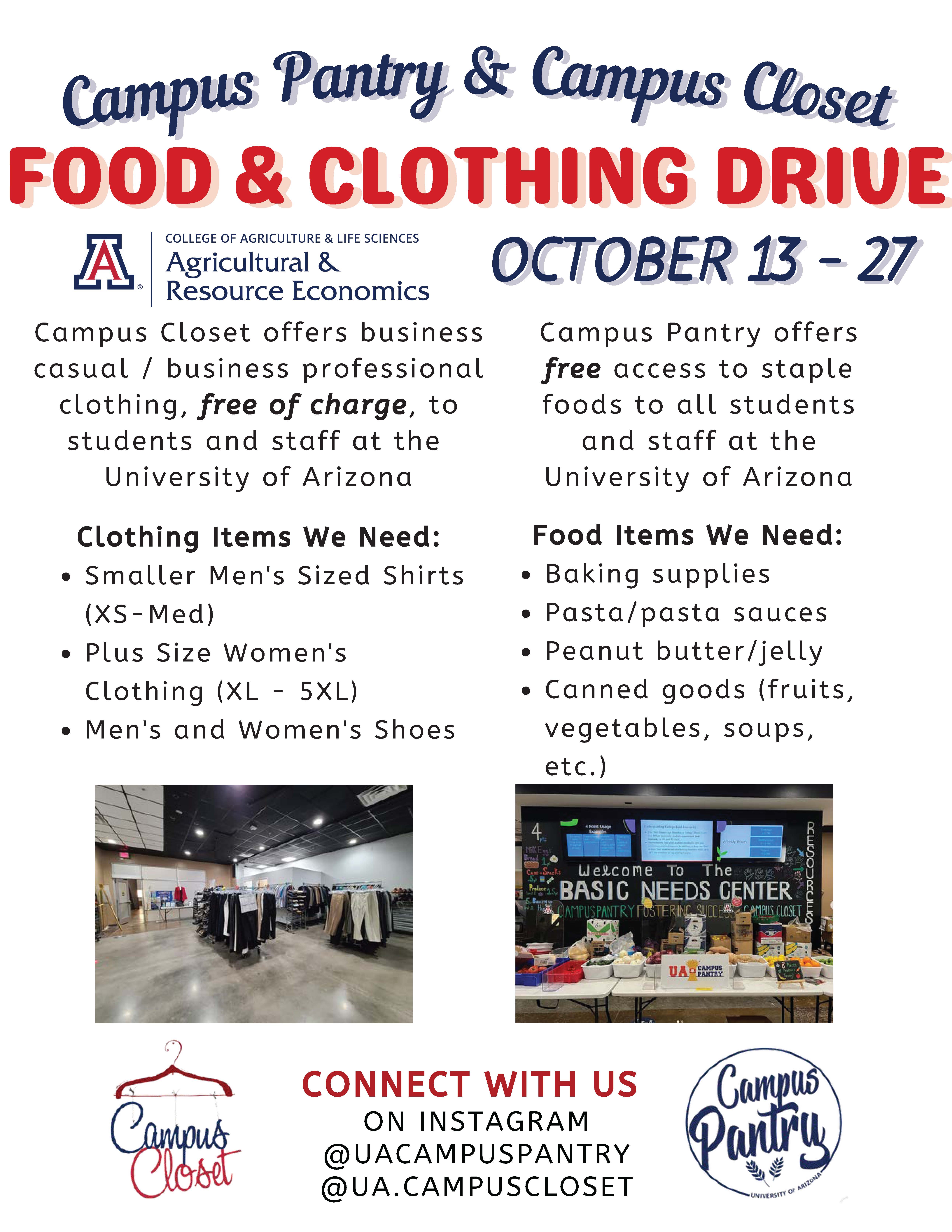 Donation drive Oct. 13 - 17 campus closet pantry agricultural resource economics