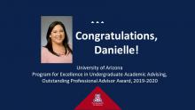 Congratulations, Danielle! with headshot, on blue background, University of Arizona, Tucson