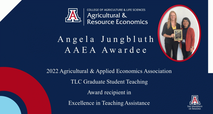 Angela Jungbluth accepts AAEA award pictured with Na Zuo Agricultural Resource Economics UArizona